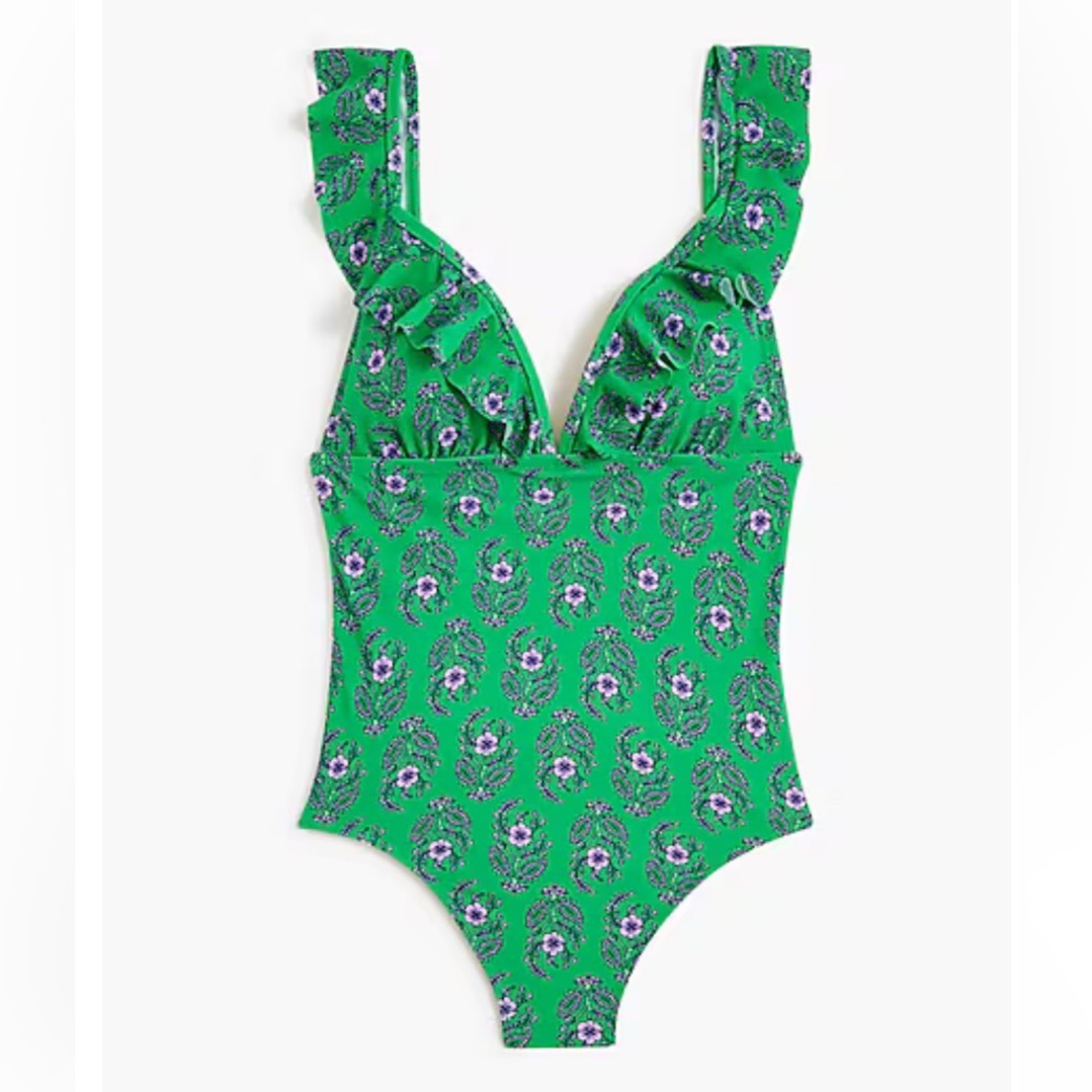 J. Crew - Green Floral Ruffle Swimsuit